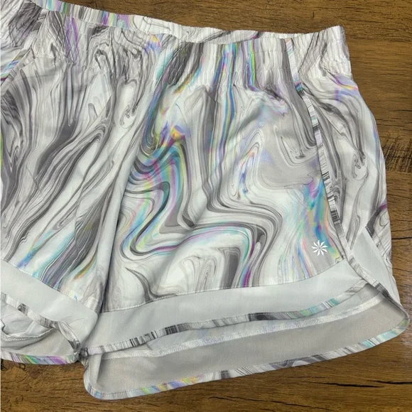 Athleta Mesh Racer Run Short in the "Iridescent Marble Glitch Rainbow" M - Picture 5 of 15